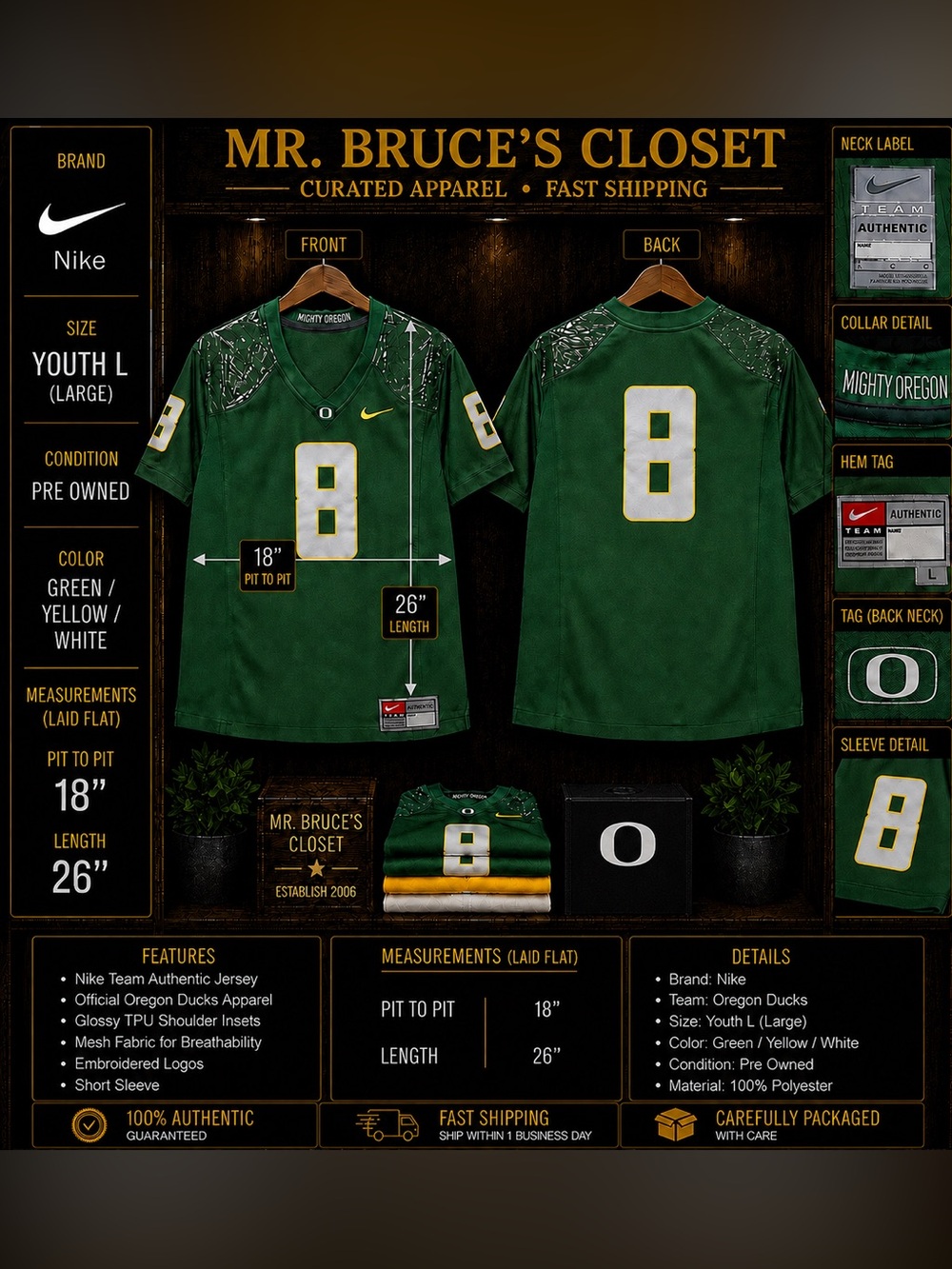 Nike Youth Green Football Jersey with Yellow & White Accents #8
